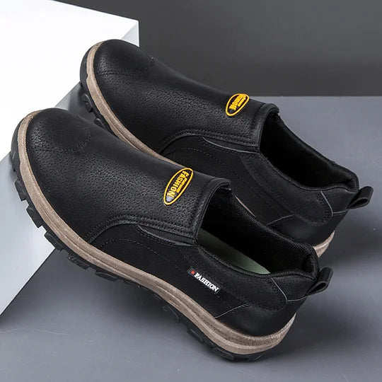 Zapatos de cuero genuino transpirables para exteriores para hombre, antideslizantes, sin cordones, con soporte para el arco, ortopédicos