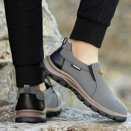 Zapatos de cuero genuino transpirables para exteriores para hombre, antideslizantes, sin cordones, con soporte para el arco, ortopédicos