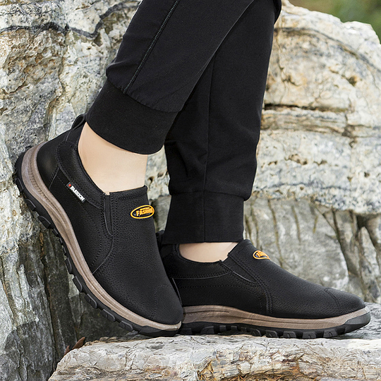 Zapatos de cuero genuino transpirables para exteriores para hombre, antideslizantes, sin cordones, con soporte para el arco, ortopédicos