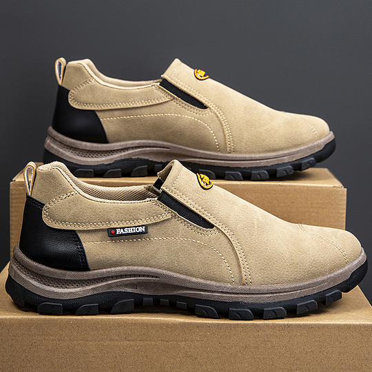 Zapatos de cuero genuino transpirables para exteriores para hombre, antideslizantes, sin cordones, con soporte para el arco, ortopédicos