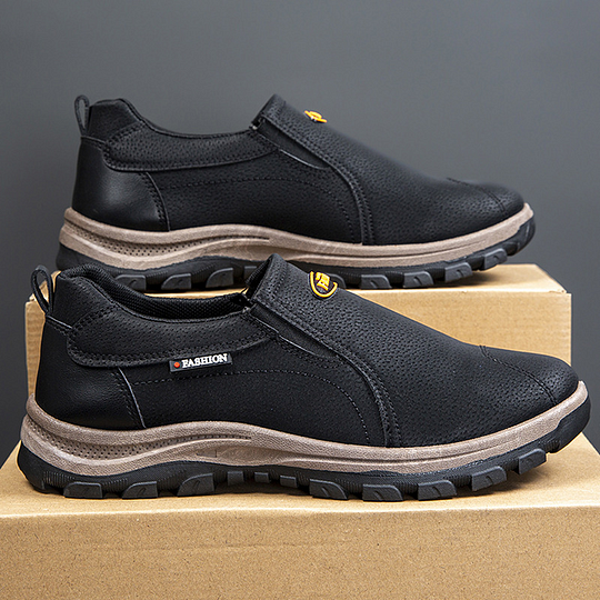 Zapatos de cuero genuino transpirables para exteriores para hombre, antideslizantes, sin cordones, con soporte para el arco, ortopédicos