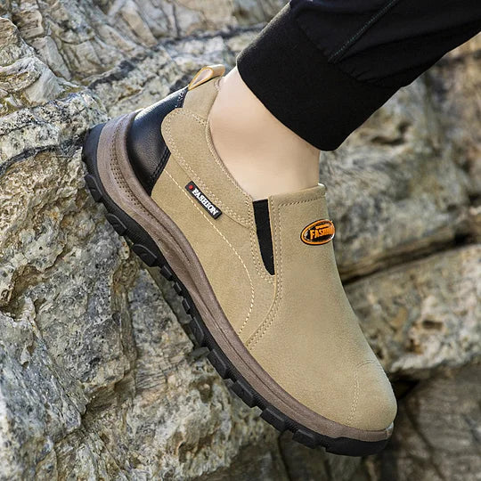Zapatos de cuero genuino transpirables para exteriores para hombre, antideslizantes, sin cordones, con soporte para el arco, ortopédicos
