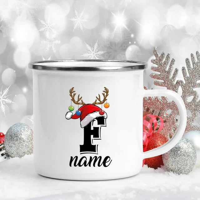 Tazas navideñas esmaltadas personalizadas, gorro navideño con cuerno de ciervo y letras, tazas de café, tazas de leche, cacao y jugo para fiestas navideñas, regalo de Navidad.