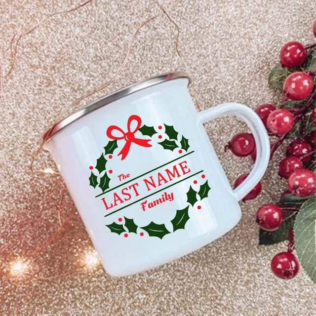 Taza de esmalte con corona y nombre personalizado, ideal para fiestas familiares de Navidad, café, vino, decoración navideña, taza de chocolate caliente, zumo, regalos de Navidad