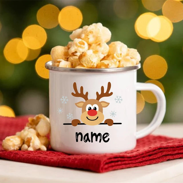 Taza personalizada de ciervo para hermanos, esmaltada para Navidad, con nombre personalizado, para cacao, chocolate y asa de 90°, regalo para niños