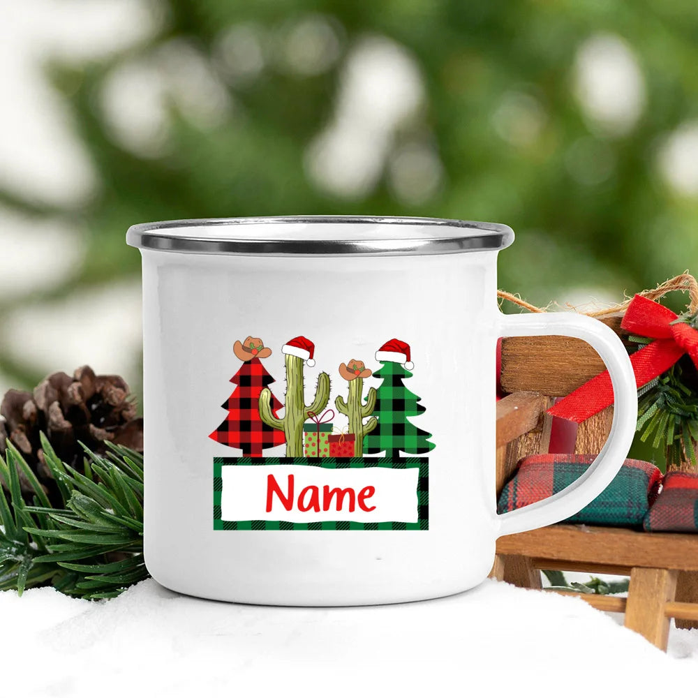 Taza navideña personalizada con nombre personalizado, taza navideña con gorro de Papá Noel y ciervo, taza de café estampada, recuerdo de fiesta navideña para niños, tazas de chocolate caliente