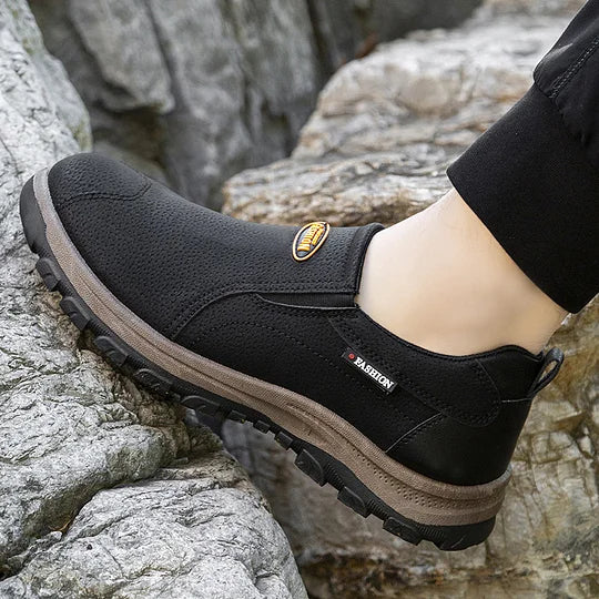 Zapatos de cuero genuino transpirables para exteriores para hombre, antideslizantes, sin cordones, con soporte para el arco, ortopédicos