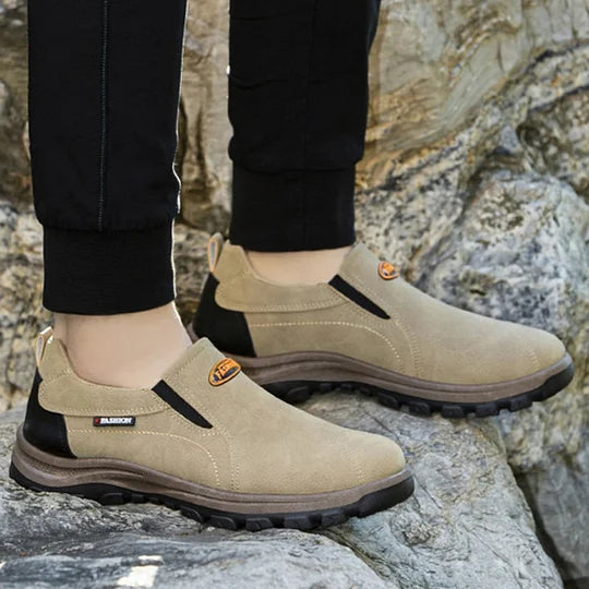 Zapatos de cuero genuino transpirables para exteriores para hombre, antideslizantes, sin cordones, con soporte para el arco, ortopédicos