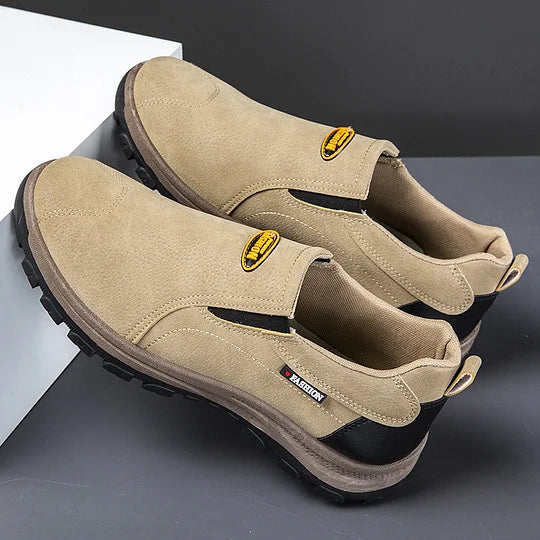 Zapatos de cuero genuino transpirables para exteriores para hombre, antideslizantes, sin cordones, con soporte para el arco, ortopédicos