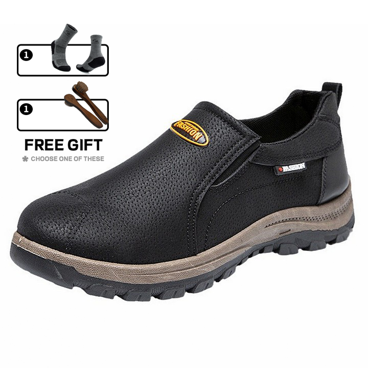 Zapatos de cuero genuino transpirables para exteriores para hombre, antideslizantes, sin cordones, con soporte para el arco, ortopédicos