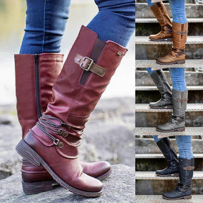🎁Último día 50% de descuento❤️ Botas altas de caña ancha con cremallera de cuero vintage para mujer