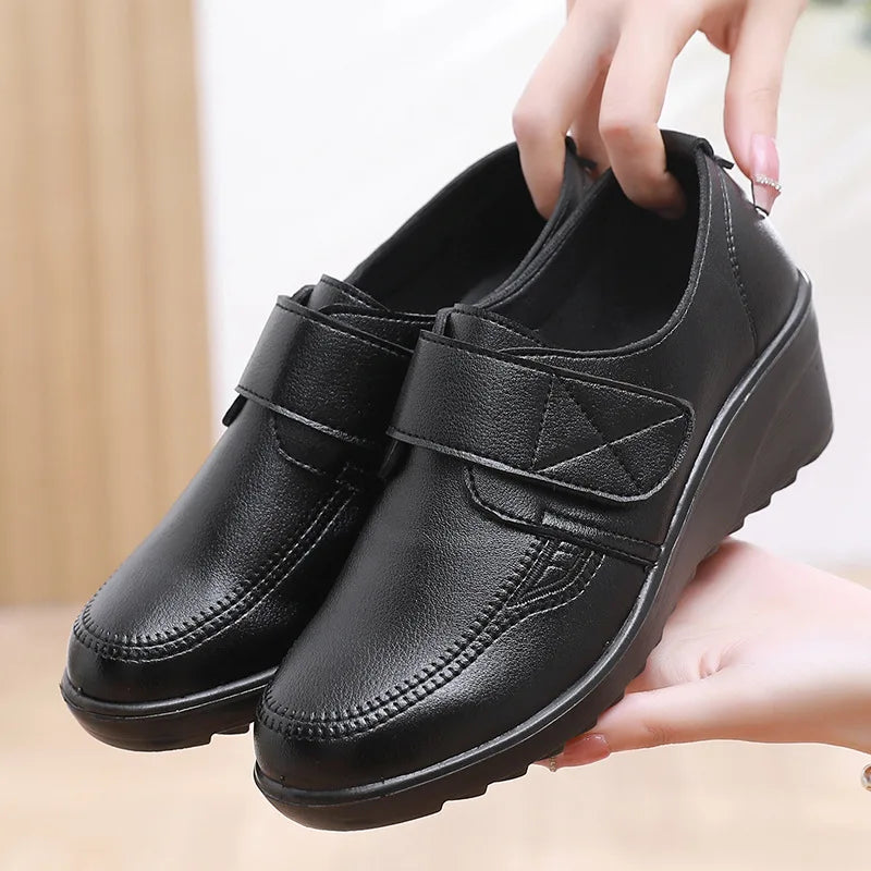 Women's Comfortable Leather Shoes with Secure Velcro Strap for All-Day Comfort