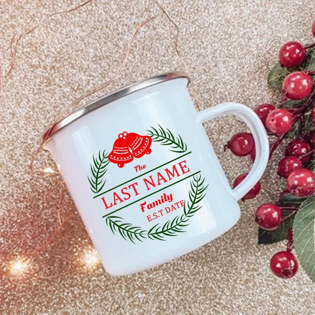 Personalized Custom Name Wreath Enamel Mug Christmas Family Party Coffee Wine Mug Xmas Decor Hot Cocoa Juice Cup Christmas Gifts