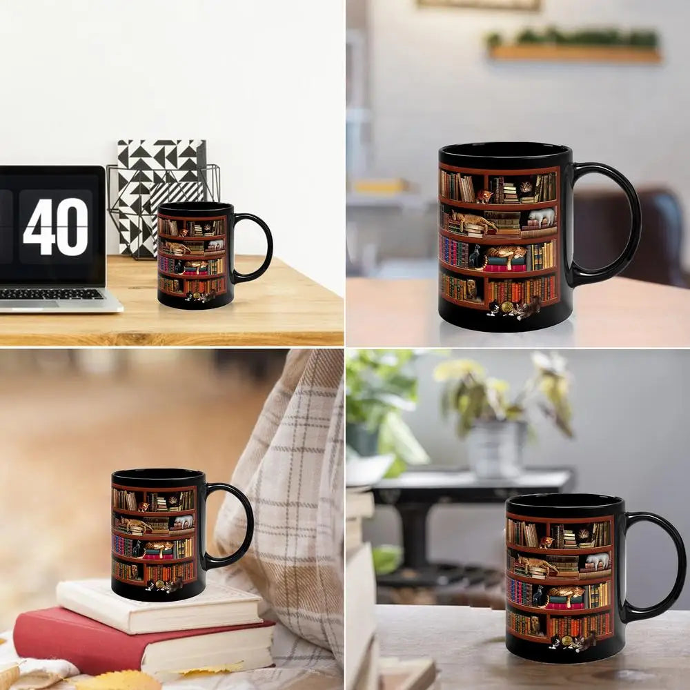 3D Bookshelf Mug Library Bookshelf Cup Bookshelf Cat Design Book Mug Book Club Cup Novelty Coffee Mug Motivational Quote