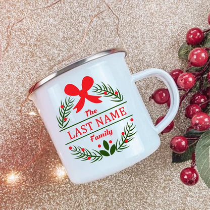 Personalized Custom Name Wreath Enamel Mug Christmas Family Party Coffee Wine Mug Xmas Decor Hot Cocoa Juice Cup Christmas Gifts